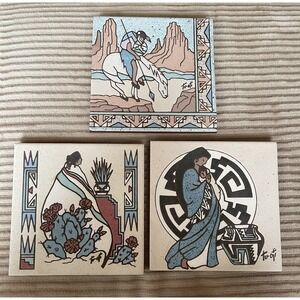 3 Vintage 1990 Earthtones Southwest Tiles 6" X 6" Signed Tu-oti Lot
